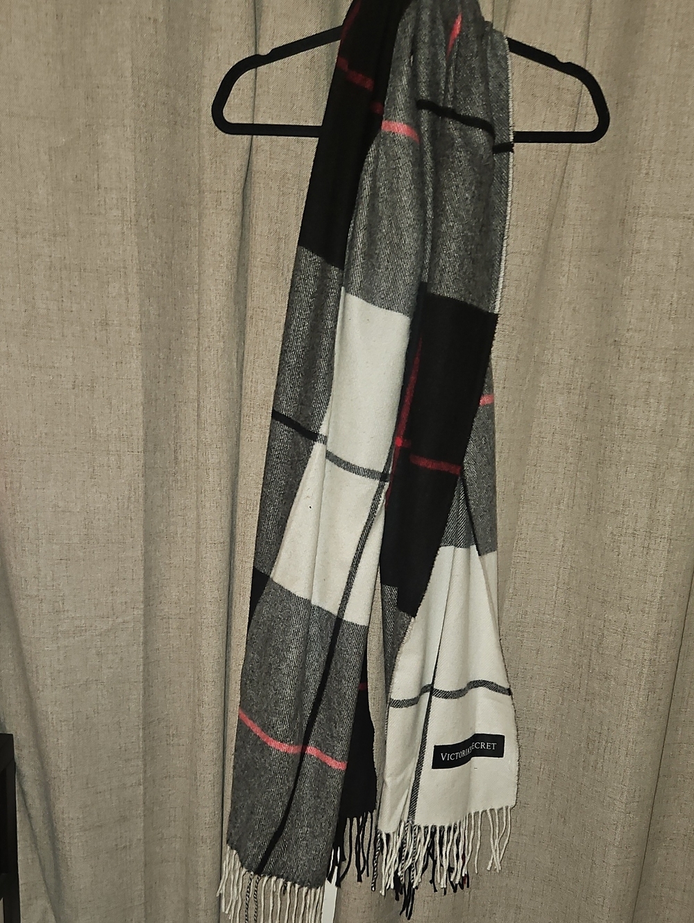 Victoria Secret Black and Gray Plaid Fringe Scarf with Red Accents
